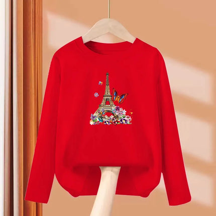 Girls New Fall Clothes Paris Eiffel Tower T-shirt Long-sleeved Cotton Tops Little Girl Butterfly Party Tees