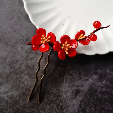U Shaped Red Hairpins Hair Clips Wedding Hair Accessories For Women Rose Flower Headpieces Forks Bride Headdress Hair Jewelry