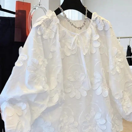 Spring New Flower Embroidered Cotton White Shirt Women Loose Sweet O-neck Long-sleeved Shirts