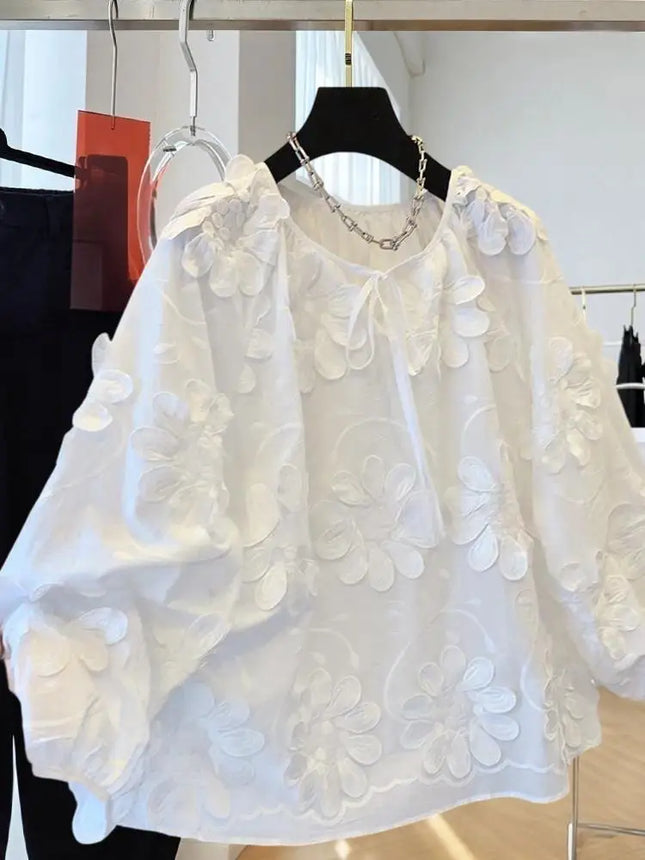 Spring New Flower Embroidered Cotton White Shirt Women Loose Sweet O-neck Long-sleeved Shirts