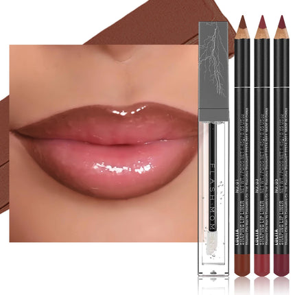 4-Piece Lip Liner and Lip Oil Set - Smooth, Long-Lasting Lip Liners for Defined Contours & Moisturizing Lip Oils