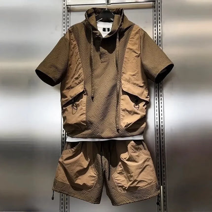 Fashionable Workwear Breathable Quick-drying Sports Suit Men's Textured Casual Hooded Short-sleeved Shorts Two-piece Set