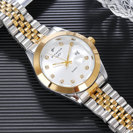 Men's quartz wristwatch with color blocked metal strap, diamond inlaid dial, dual calendar display design, light luxury texture,
