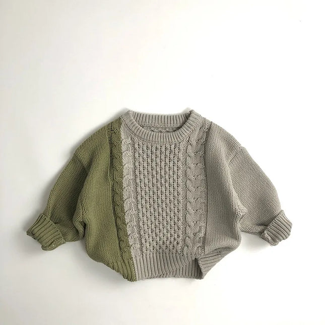 2024 Autumn New Children's Long-Sleeve Knit Sweater Vintage Girls' Patchwork Sweater Kids Boys' Cotton Knitted Pullover Baby Clothes