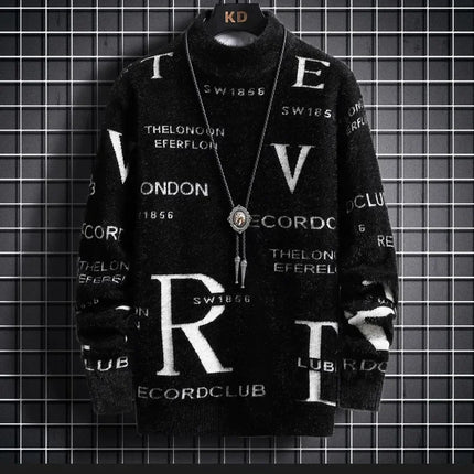 Men's Autumn Winter Fleece Lined Knitted Half High Collar Sweater Letter Pattern Thick Warm Casual Wear for All Seasons