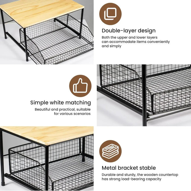 Double-Layer Kitchen Storage Rack with Drawers, Vintage Metal Countertop Organizer for Tableware Spices Coffee
