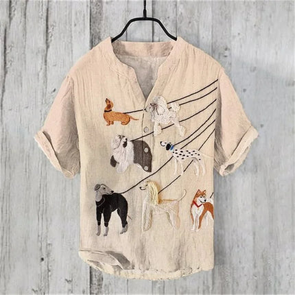 European Size Fashion Plus Comfortable Short Sleeved Men's New V-Neck Travel Printed Linen Breathable Men's Shirt