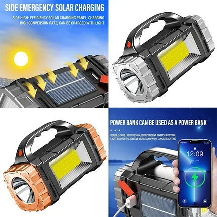 Powerful Handheld Flashlight USB Rechargeable Torch Super Bright Solar COB Floodlight Outdoor Portable Emergency Camping Lamp