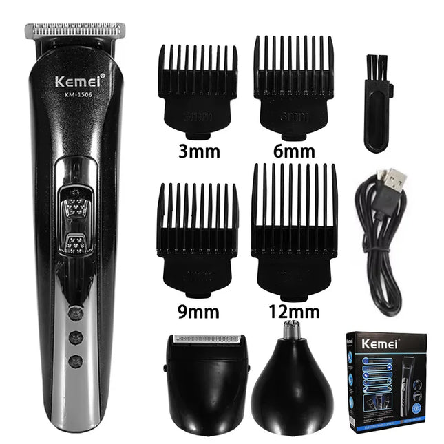 Kemei KM-1506 3-in-1 Electric Hair Clipper USB Charging Shaver Rechargeable Nose Hair Trimmer Professional Shaving Machine