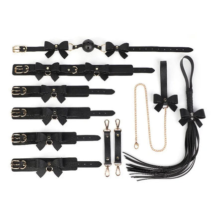 BDSM Cute Bow Themed Bondage Sets Cosplay Adult Games Leather Handcuffs Ankle Cuffs Mouth Gag Whip Collar Sex Toys For Women