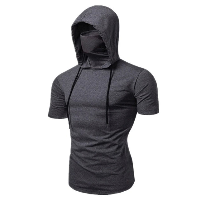 Men New Gym Thin Hoodie Short Sleeve Hoodies With Mask Sweatshirt Casual Splice Large Mask Hoodie Sweatshirt Hooded Tops Cycling