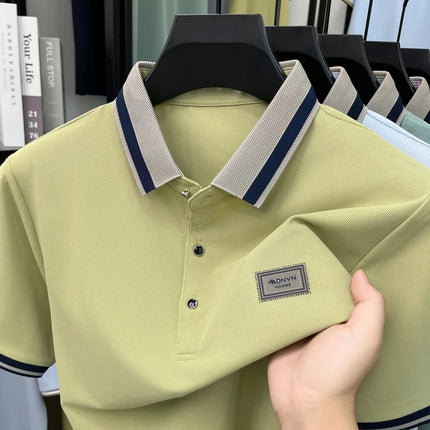 2026 Summer Ice Silk Men's Polo Shirt Color Block Collar Breathable Anti Wrinkle Smart Casual Daily Short Sleeve Top for Man