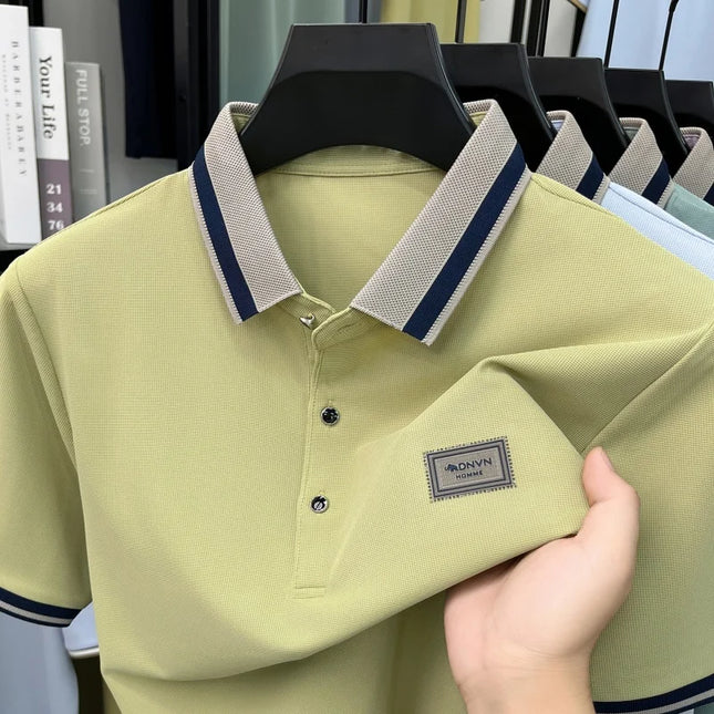 2026 Summer Ice Silk Men's Polo Shirt Color Block Collar Breathable Anti Wrinkle Smart Casual Daily Short Sleeve Top for Man