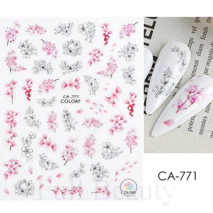Hibiscus Flower 3D Nail Stickers Cherry Blossom Floral White Florals Petal Nail Art Decals Sliders Manicure Nail Tips Decor