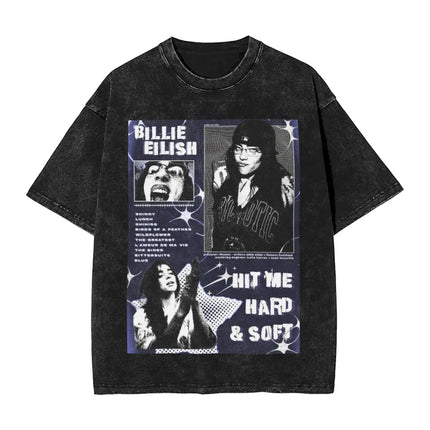 Billie Eilish Funny Poster Graphic Print T-shirt Men Women Fashion Vintage Washed Cotton O-neck Summer Tee Oversized Casual Top