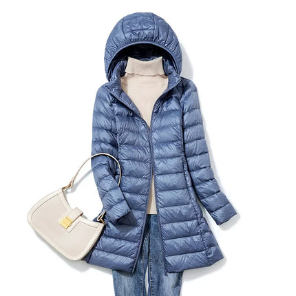 Haze Blue Women's Lightweight Long Jacket, Hooded Long Sleeve Coat, Asian Size M-7XL, Red, Black, Blue, Purple Available Parkas