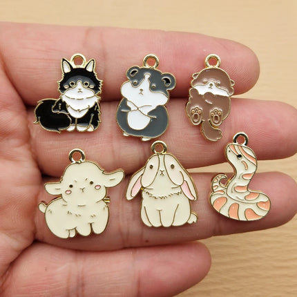 10pcs Cute Cat Rabbit Snake Sheep Charm Jewelry Accessories Enamel Necklace Earring Pendant Diy Making Alloy Metal Gold Plated