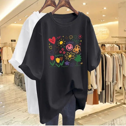 Women Clothing Chic Hand-painted Printing Basic T-shirt Summer Fashion Pure Cotton Round Neck Short Sleeve Tees Casual Loose Top