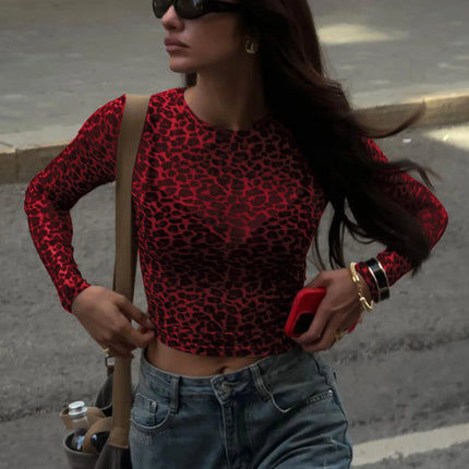 Dulzura Sexy Long Sleeves Tops Mesh T Shirt Leopard Printed Bodycon Women Clothes Lady Party Club Streetwear Casual Nightout Y2K