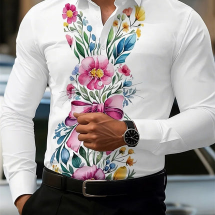 2026 Men's Fashion Red Rose Print Long-Sleeve Shirt, Stylish Casual Design, Spring/Autumn Casual Shirt, Sizes XS-6XL