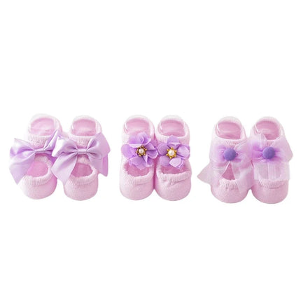 3 Pair Baby Girl Ankle Socks Lace Bow Infant Anti Slip Socks Newborn Princess Pearl Low Cut Socks Children Home Floor Shoes