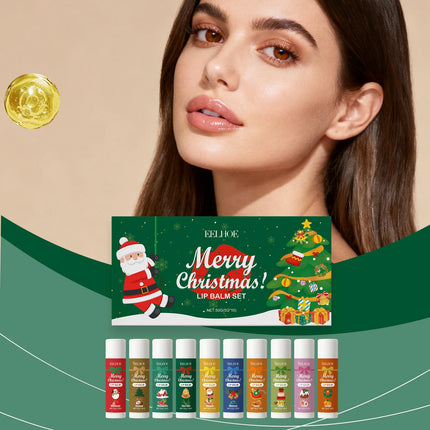 10PCS/Set Christmas Lip Blam Set Anti-Cracking Lipstick Deep Moisturizing Brighten Lip Color Christmas Party New Year Gift Box