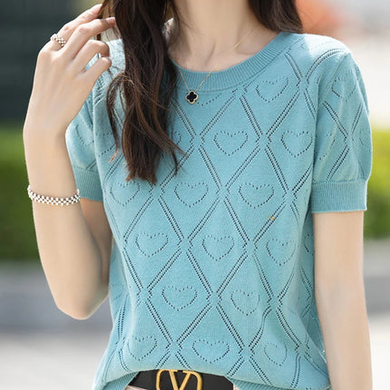 New Summer Fashion 100% Pure Cotton Women's Sweater Short sleeved Casual O-neck Pullover T-shirt Loose Knitted Hollow Top
