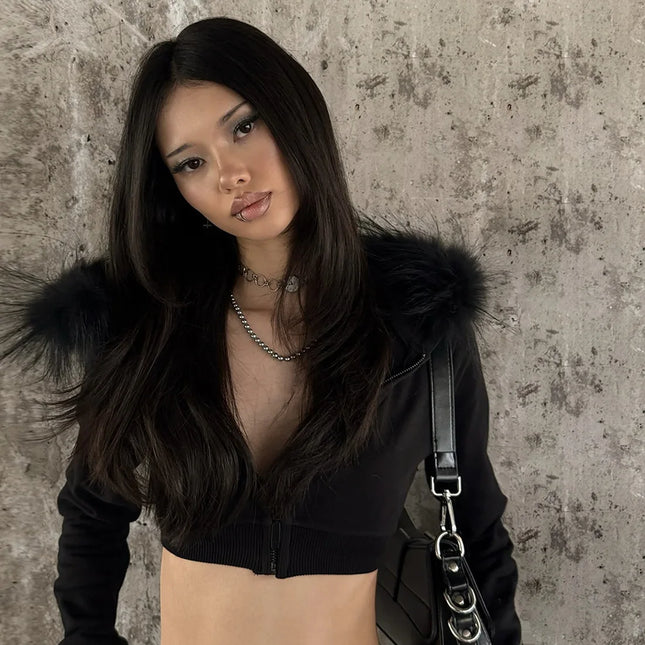 Y2k Gothic Fashion Harajuku Ins Punk Trendy Short Style Hot Girl Zipper Hoodie Autumn/Winter Women's Solid Color Top Y2k Clothin