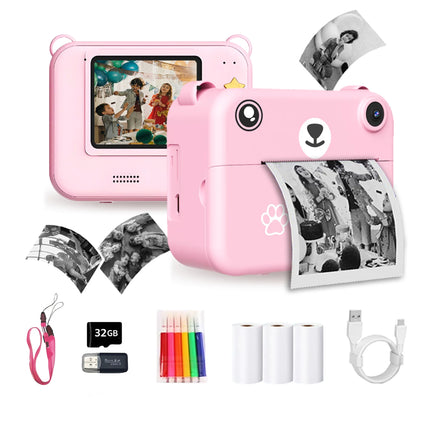 Children's Camera For Kids Instant Print Portable Small Camera With 32G Memory Card ,3 Rolls Printing Paper, Gift For Boys&Girls