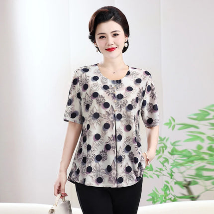 Floral Printed Summer Tops for Mature Women Beige-Toned Linen-Cotton Versatile Blouse Plus size Temperament Enlarged Loose Shirt