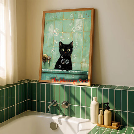 Funny Black Cat Bathroom Retro Mint Color Bathroom Toilet Bathtub Aesthetic Art Poster Canvas Painting Wall Pictures Home Decor
