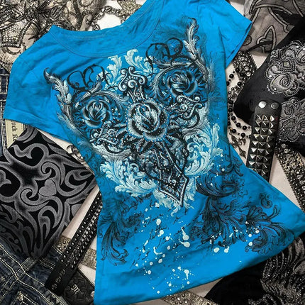 Women's Y2k Grunge T-Shirts 2000s Vintage Rhinestone Print Heart Rose T-Shirt Aesthetics Harajuku Round Neck Tops street fashion