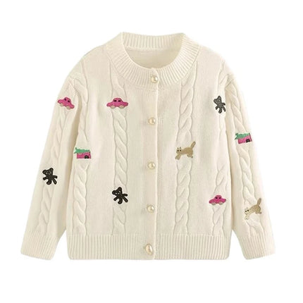 3 4 5 6 8 10 Years Girls Sweaters Spring Autumn New Cartoon Print Single Breasted Knit Cardigan ForTeen Kids Sweet Knitwear Coat
