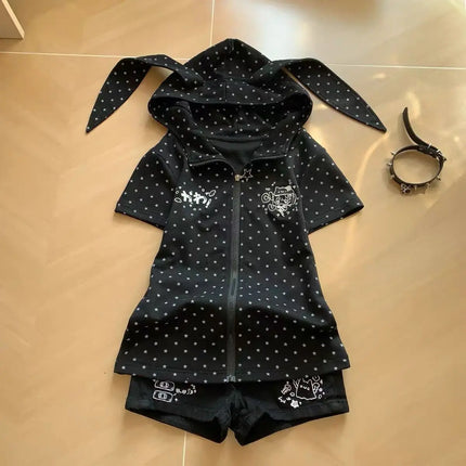 Japanese Vintage Rabbit Ears Hoodie Long Sleeve Polka Dot Print Y2k Retro Slim Zipper Patchwork Sweatshirt Women Sweet Cartoon
