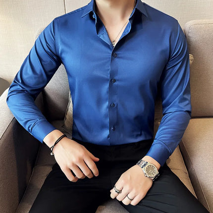Seamless silk business casual shirt, long sleeved white non ironing elastic silk sliding cross shirt, men's formal wear
