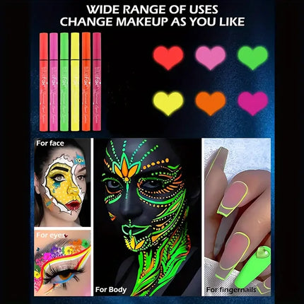 6pcs Glow UV Reactive Glow in the Dark Face and Body Paint Set, Neon Liquid Eyeliner, Mixing Color for Masquerade,Music Festival