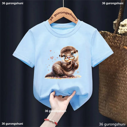 Harajuku Kawaii Kids Clothes Funny Otter Love Flowers Animal Printed T-shirt Girls/Boys Summer Fashion T-shirt Tops