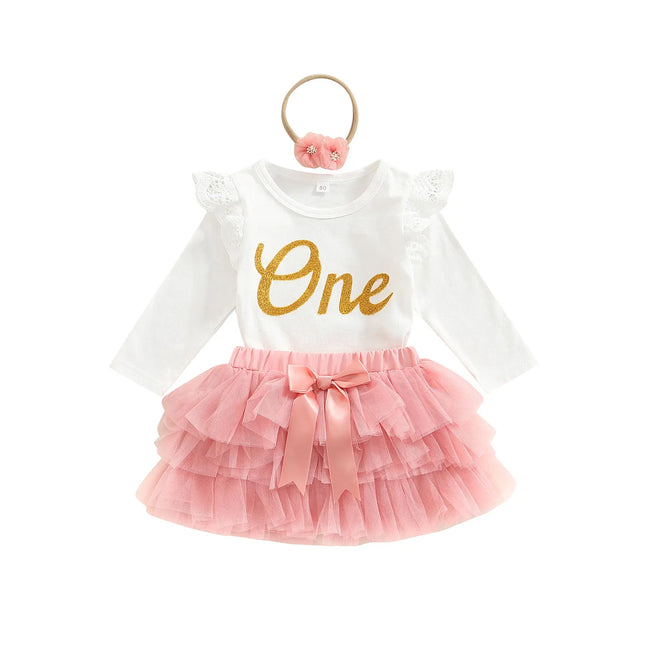 Ma&Baby 6-18M 1st Birthday Newborn Infant Baby Girls Clothes Set Princess One Letter Romper Tulle Shorts Headband Outfits d01