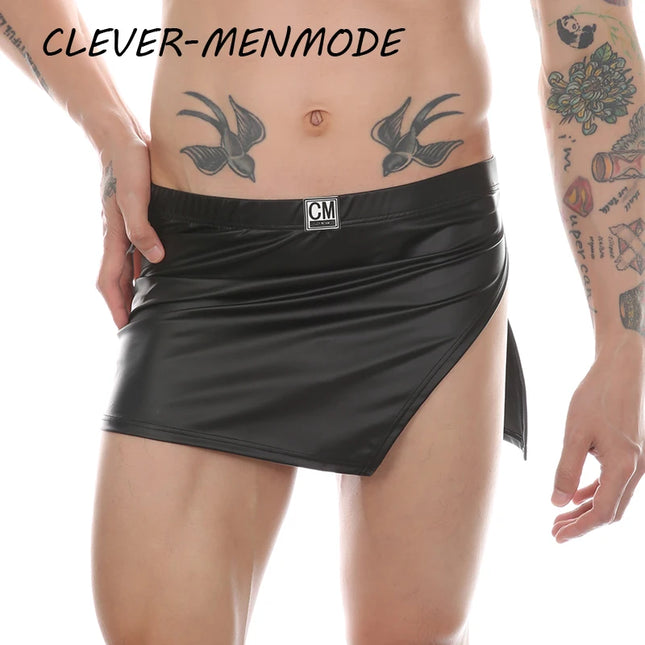 Sexy PU Side Opening Skirt Men's Faux Leather Boxer Shorts Elasticity Fashion Mini Slit Skirt Soft Leather Erotic Lingerie