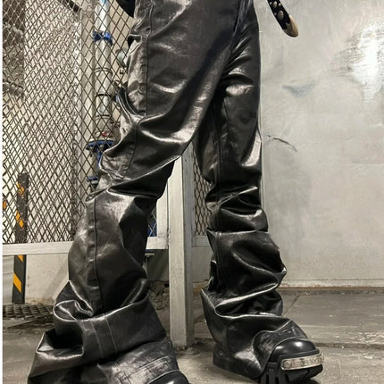 High Street Wide Leg Glossy Pu Leather Pants Sashes Boot Cut Men and Wome Straight Baggy Casual Jeans Oversized Flared Trousers