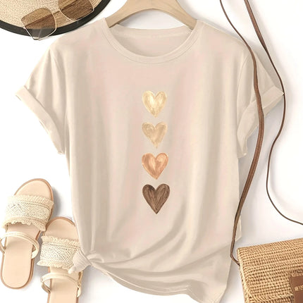 Women's Casual Short Sleeve T-Shirt with Four Heart Graphic Print - Black & Golden Medium Stretch Round Neck Novelty T-Shirt