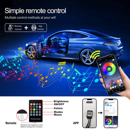 LED Car Interior Ambient Strip Lights RGB Fiber Optic Atmosphere Neon Lighting Kit W/ APP Remote Control Auto Decorative Lamps
