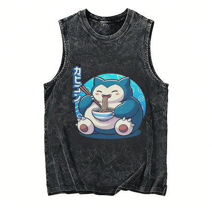 Vintage Washed Pokemon Gengar T Shirt Men Vest 2026 Summer Sleeveless Shirt Ramen Print Streetwear Loose Casual Men's Tank Top