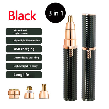 3 in 1 Lipstick Shaver Women Hair Removal Eyebrow Trimmer USB Rechargeable Body Facial Epilator for Bikini Legs Face