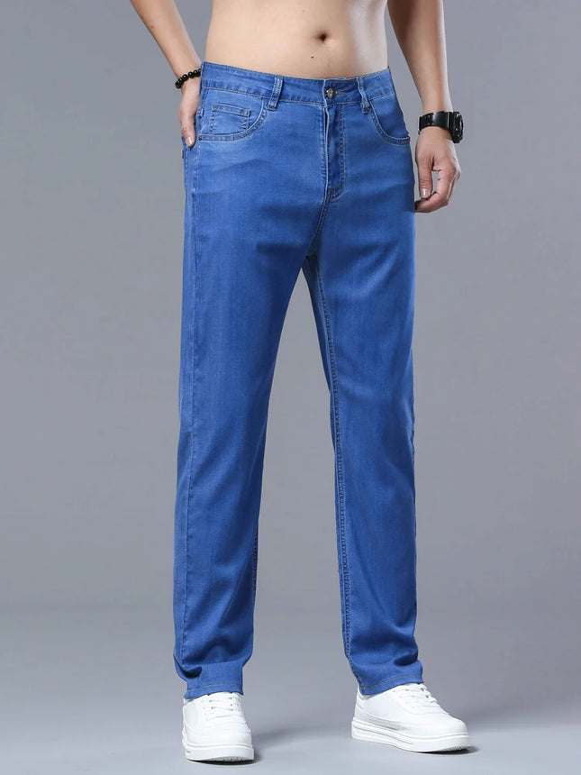 Lyocell Ice Silk Jeans Men's Comfortable Soft Cool Drape Casual Trousers Spring Summer Thin Korean Business Straight Denim Pants