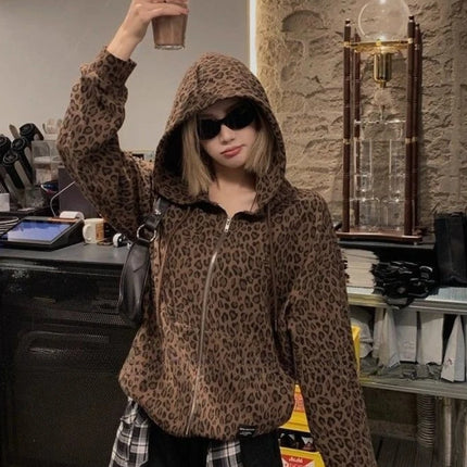 Aesthetic Hot Girl Loose Leopard Print Hoodie Women's Gothic Y2k New Zipper Hooded Coat Female Fashion Vintage Thin 2025 Clothes