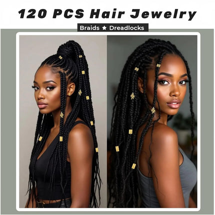 120PCS Rings Gold Cuffs Multi Style Hair Rings  Hair Beads for Braid Loc Dreadlock Accessories for Women and Girls