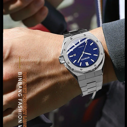 BINBOND Men's Watch Top Brand Royal Casual Men Big Dial Silver Stainless Steel Calendar Quartz Wristwatch Classic Luminous B0233