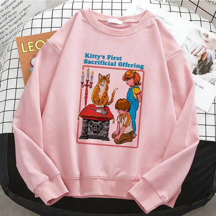 Y2K Funny Cat Pattern Comic Design Hoodies Warm Fleece Sweatshirt Soft O-Neck Pullover Casual Female Clothes