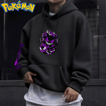 Pokemon Anime Gengar Cotton Hoodie Black Color Character Print with Full Body Purple Ghost Pattern Casual Streetwear